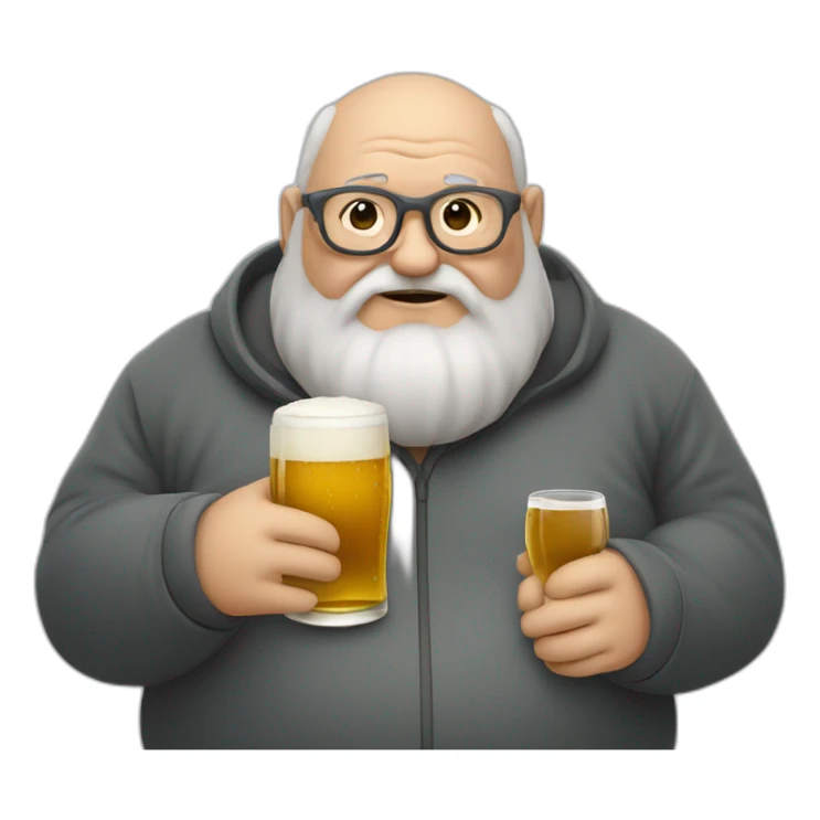 fat old man with dark grey beard and without hair, using eye glass drinking beer sticker