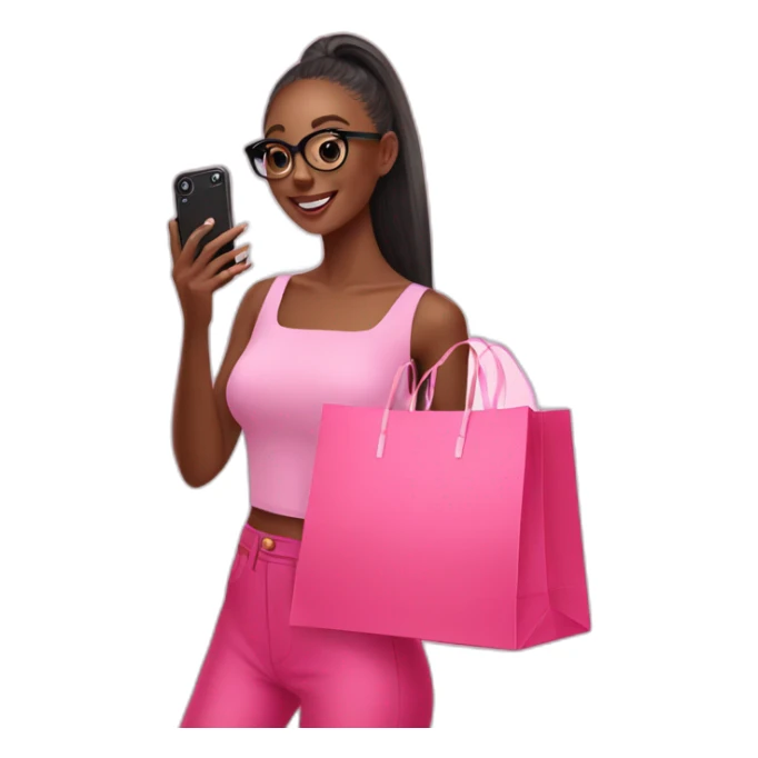 influencer taking selfie with a pink shopping bag sticker