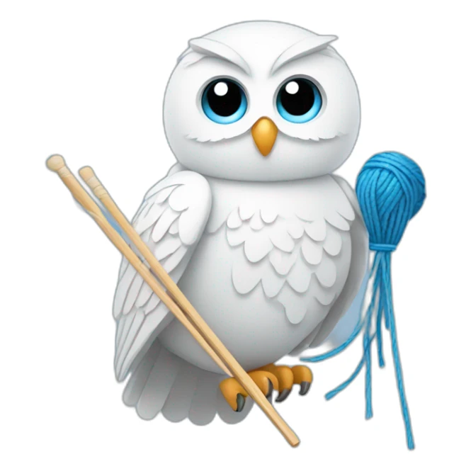 White Owl holding blue yarn ball and knitting needles sticker