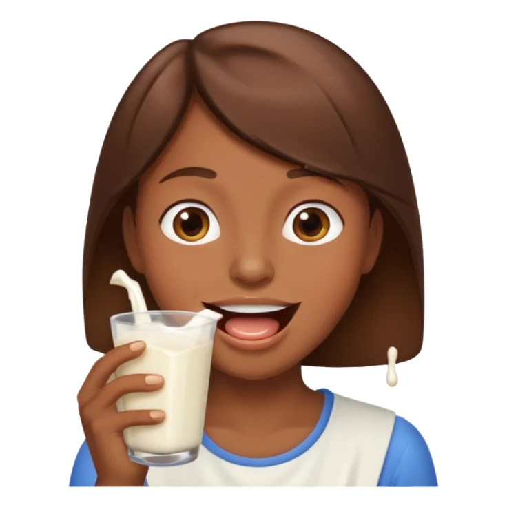 Happy brown hair emoji with milk spilling from mouth sticker