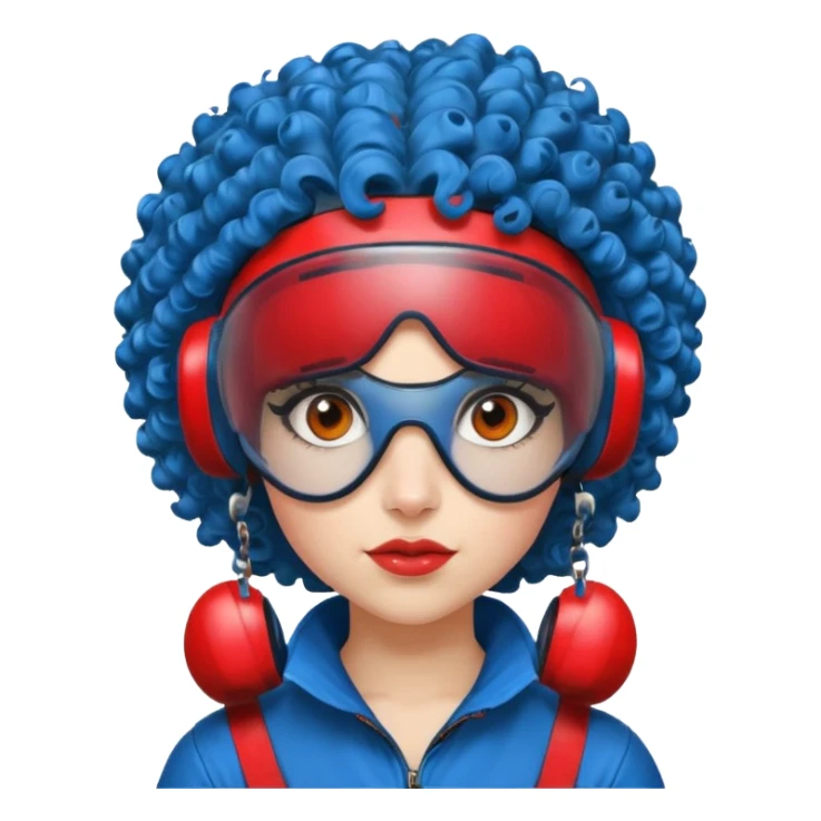 blue curly haired girl with huge earrings wearing red paintball helmet and eye protection, only face  sticker