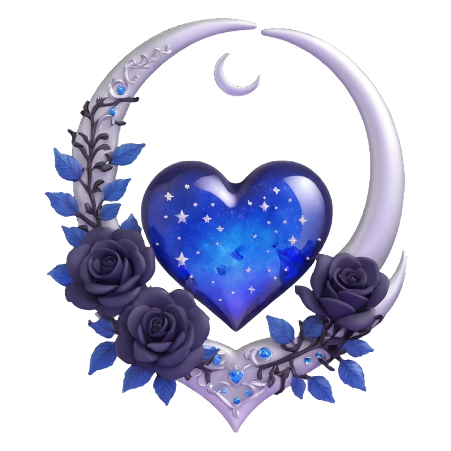 gothic heart made of midnight blue glass with a silver crescent moon, tiny black roses, shimmering stardust, frost and ice effect sticker