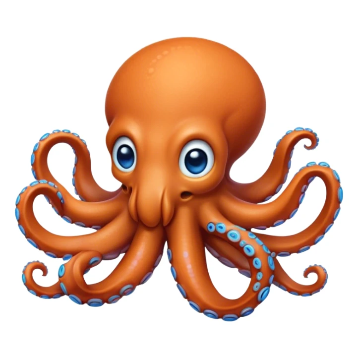 Cinematic Realistic Cute Octopus Portrait Emoji, Head tilted playfully and inquisitively, featuring a gracefully curving, compact body in vibrant orange adorned with delicate blue rings, and a charming, expressive face with round, sparkling eyes full of curious wonder; rendered with lifelike detail and soft natural highlights, high shine, affectionate and enchanting, styled with a touch of whimsical ocean magic, soft glowing outline, capturing the essence of a mischievous yet lovable octopus that seems poised to slither playfully into your arms! sticker