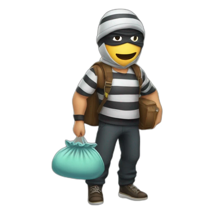 thief with money bag, striped shirt, a eye mask, and a cap sticker