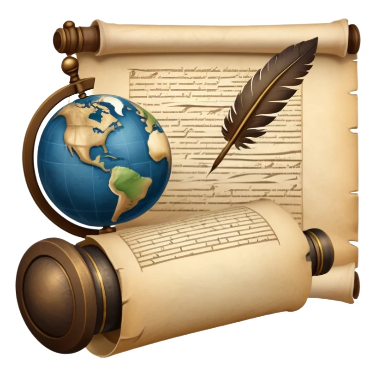An icon featuring an ancient scroll, a quill pen, and a globe, symbolizing the study of history. The design includes a timeline with significant historical events, with ruins in the background to evoke past civilizations. Transparent background emphasizes the exploration of human history sticker