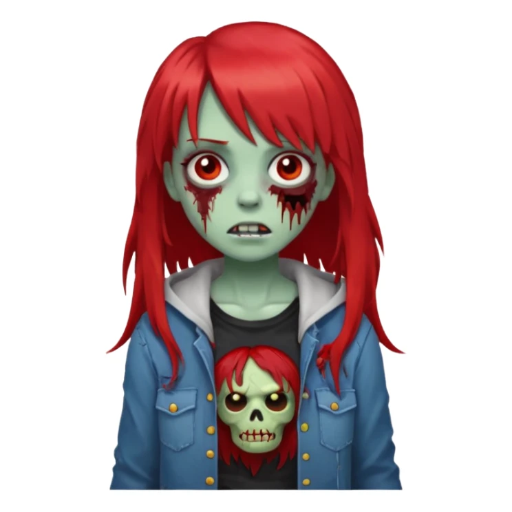 create a zombie girl with red long hair and blocky bangs sticker