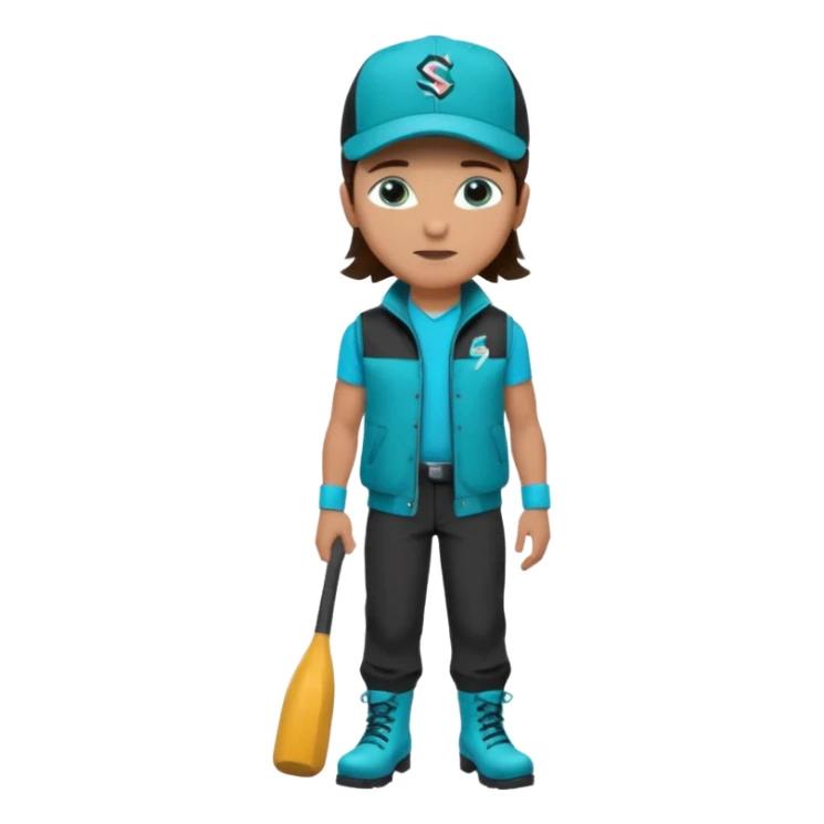 A landscaper in a beautiful turquoise jacket and turquoise boots, black pants, and a black sleeveless shirt. On his head is a black Swissotel baseball cap. The girl is a brunette with blue eyes. sticker