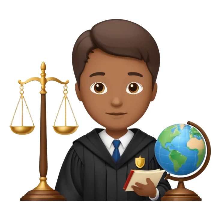 Create emojis representing:

A lawyer (legal profession symbol)

Scales of justice

Pen and paper (court documentation)

Globe (international cases)

Shield (rights protection)

Document (court ruling)

Speech bubble (negotiations/discussions)

Figure in judge's robe sticker