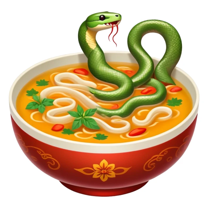 Cantonese snake soup in special double-walled bowl, simplified emoji style with bold outlines and bright colors, cartoon style exotic delicacy with herb decorations sticker
