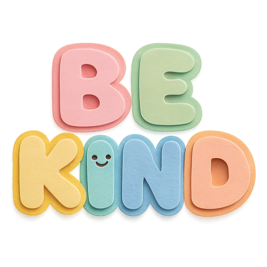 Soft pastel rainbow puffy bubble letters for "Be Kind", kawaii cute style, transparent background, no frame sticker