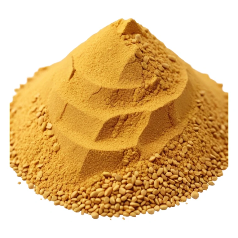 small mound or light scatter of fine golden-beige powder with slightly crystalline texture and dry matte finish, tiny uniform grains, neutral dissolvable ingredient, no spoon or packaging, soft lighting, subtle shadows, emoji scale sticker