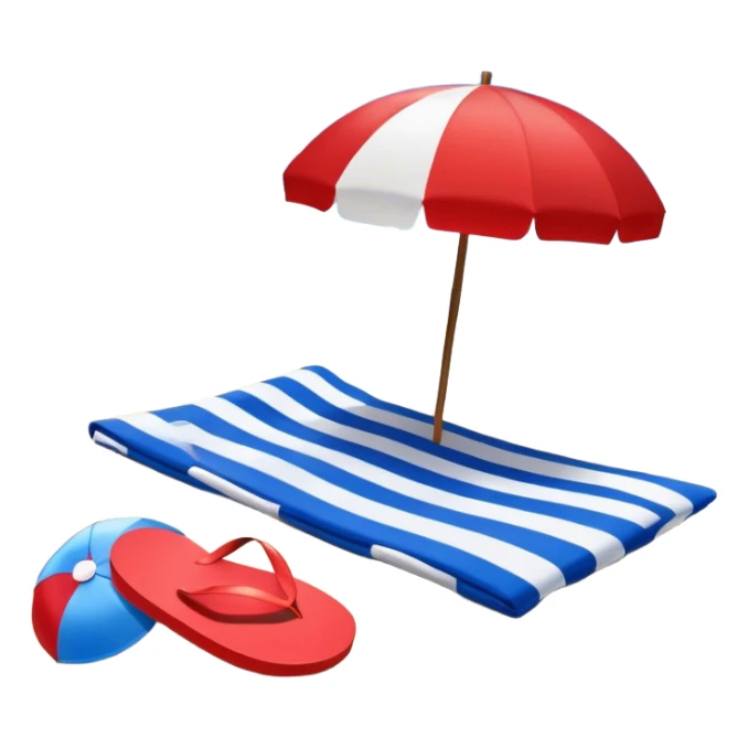 Icon for Beach Tourism: a sandy beach with a beach umbrella, flip-flops, a towel, and a beach ball, with the ocean waves in the background. The icon should capture the relaxation and fun of beach vacations. Transparent background. sticker