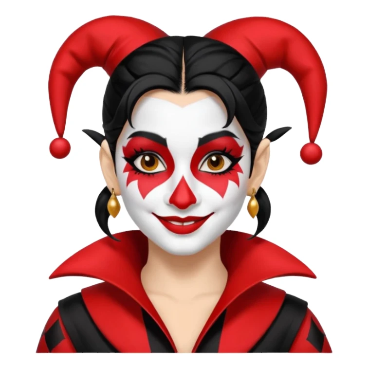 Jester woman, black and red suit, black hair, white and black make up sticker