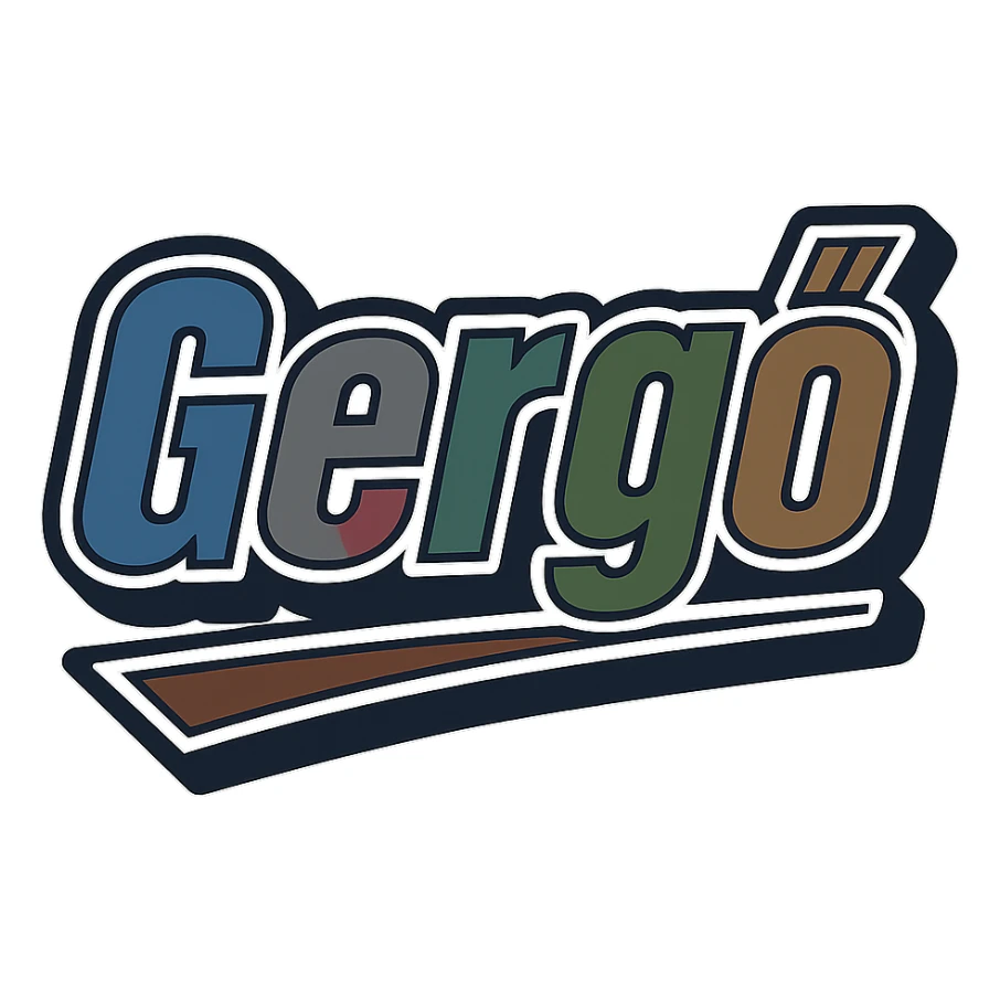 Text image of the name 'Gergő' in a masculine, modern font with gradient colors (blue, gray, burgundy, green, brown), precise Hungarian characters, dark contour, extra thick, prominent white letter border, dynamic slanted underline, 1000x1000 px, PNG, transparent background. sticker