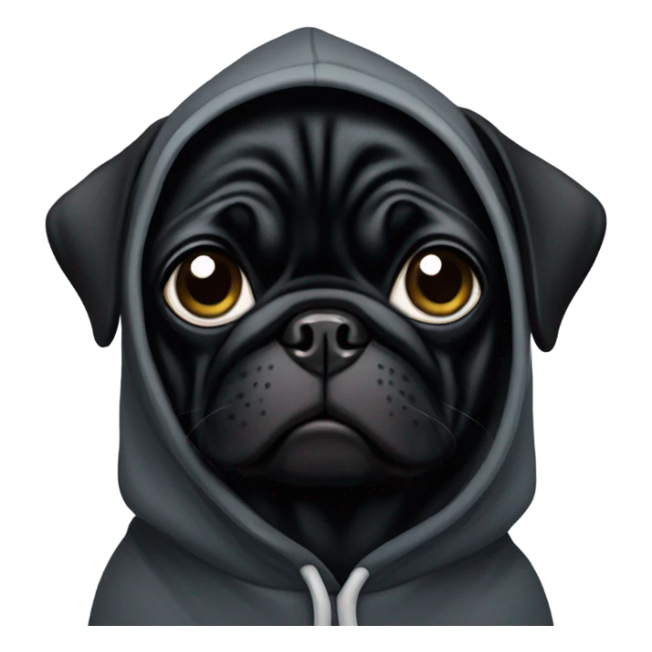 Black pug wearing a black hoodie sticker