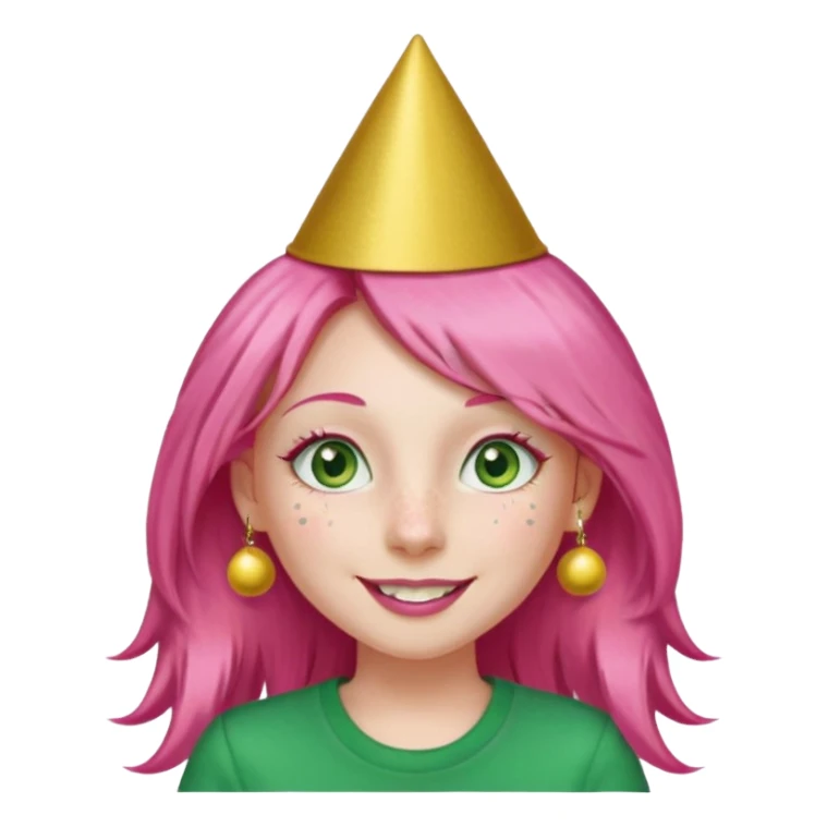 Create a girl with long pink hair and green eyes with long eyelashes and a smiley face. She has freckles in her face and a lit of bit of pink lipstick on her mouth, she’s also got gold birthday party hat on her head with gold pom poms on top of it, and her T-shirt is all red sticker