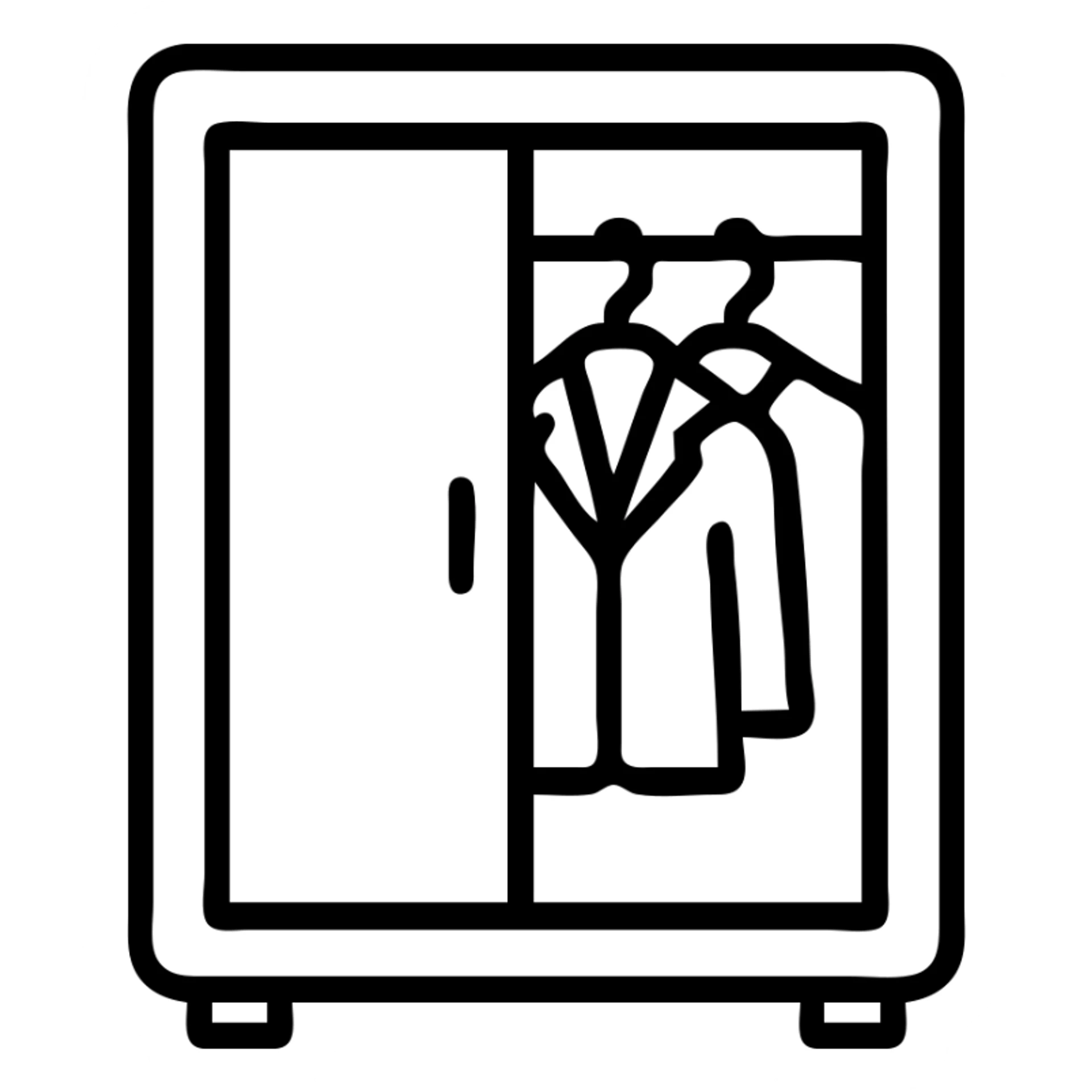 Minimalist flat design of a closet or wardrobe, slightly open showing neatly hung jackets and shirts, clean professional look sticker