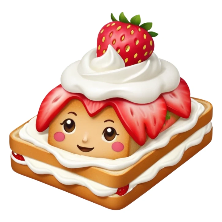 square toast topped with fluffy white cream, decorated with a strawberry bow made from two strawberry center, bright red and glossy sticker