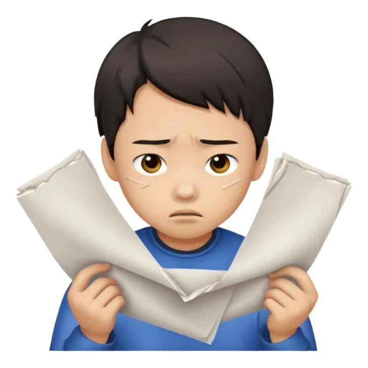 Envy - feeling of discontent at another\'s advantages or possessions - young chinese boy tearing up papers sticker
