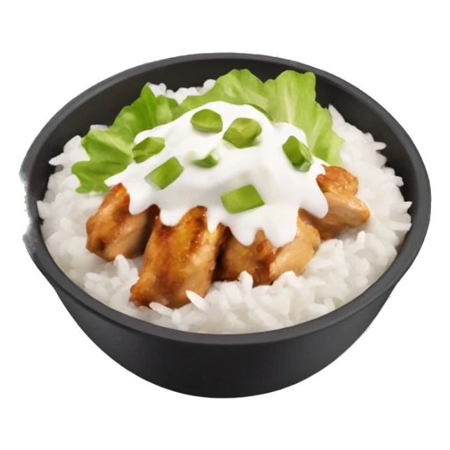 A chipotle bowl with chicken,white rice,lettuce,sour cream,and queso sticker