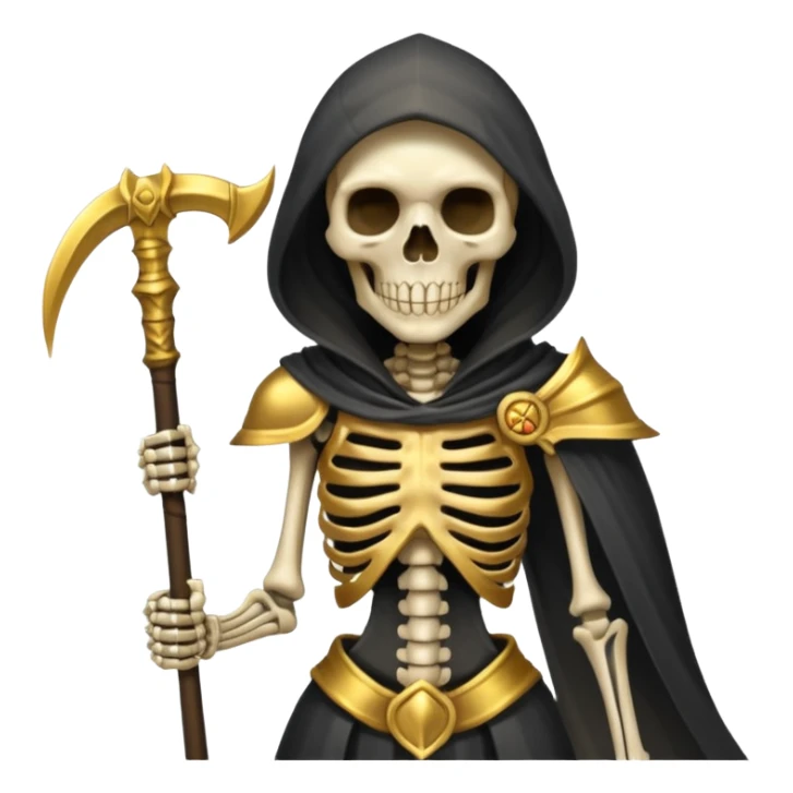 feminine skeleton grim reaper in a gold with scythe sticker