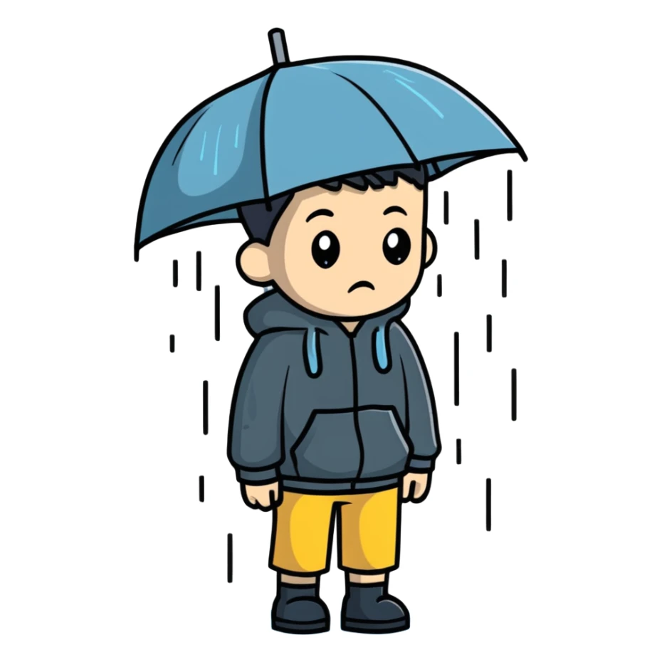 Boy standing alone in the pouring rain, looking sad sticker