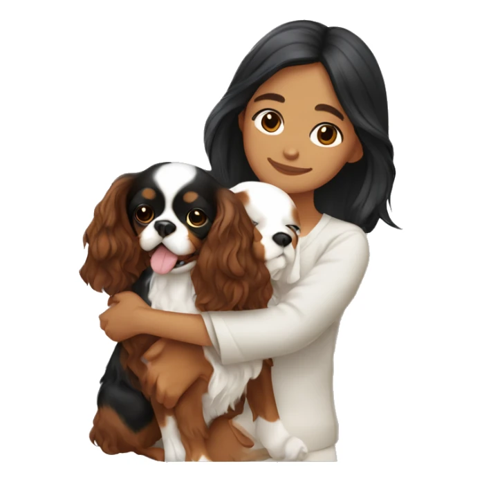 asian girl hugging black and brown cavalier king charles spaniel  sticker