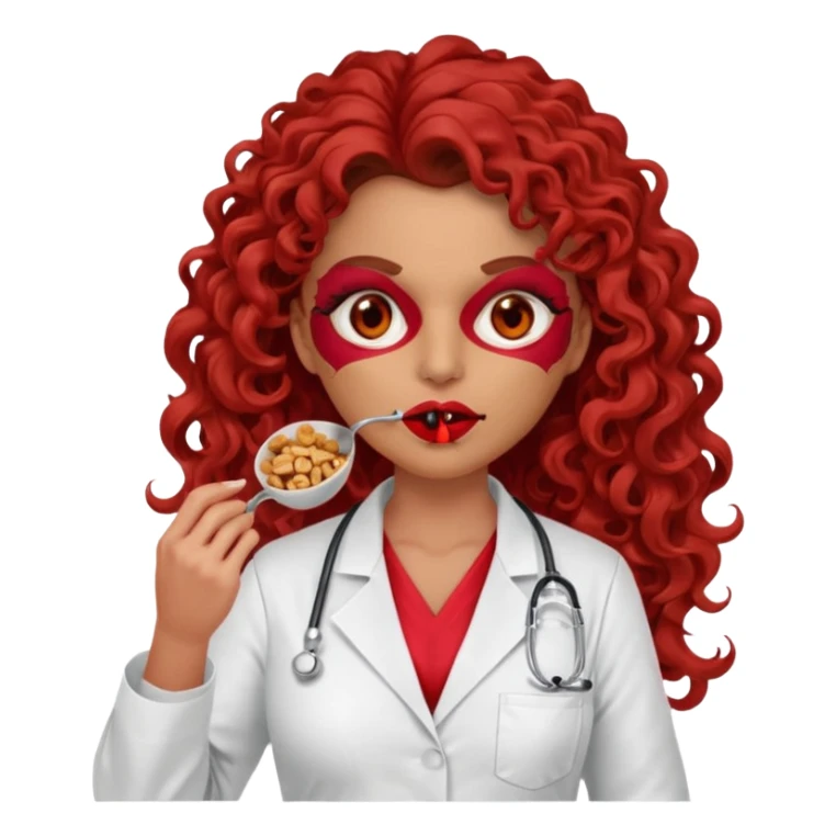 Sensual Spanish Lilith core evil surgeon.red outfit.  Surgeon has red eyes. Her hair is brown long and  curly. wearing a sexy surgeon outfit with platform heels.she is a calculated smart cereal killer. She covers only her mouth and nose to hide identity  sticker