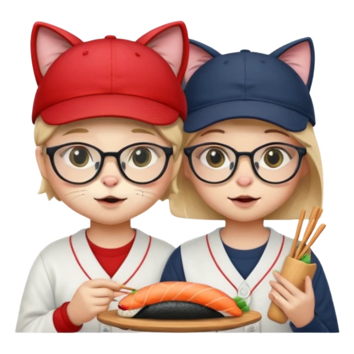 cute girl cat with glasses and a cute boy cat with a baseball cap eating sushi together sticker