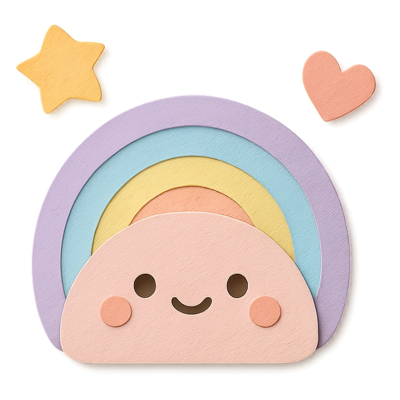 adorable pastel tiny rainbow, floating star and heart, no arms or legs, transparent background, full body, kawaii paper craft style sticker