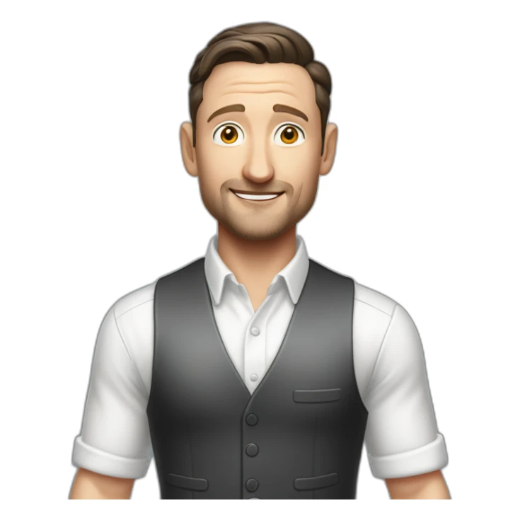 tim robinson dark black slicked back hair white shirt with a light grey vest pouring water on a steak sticker