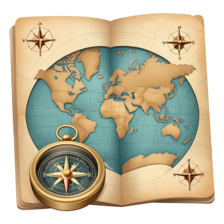 Folded travel map and compass with muted colors, not vibrant sticker