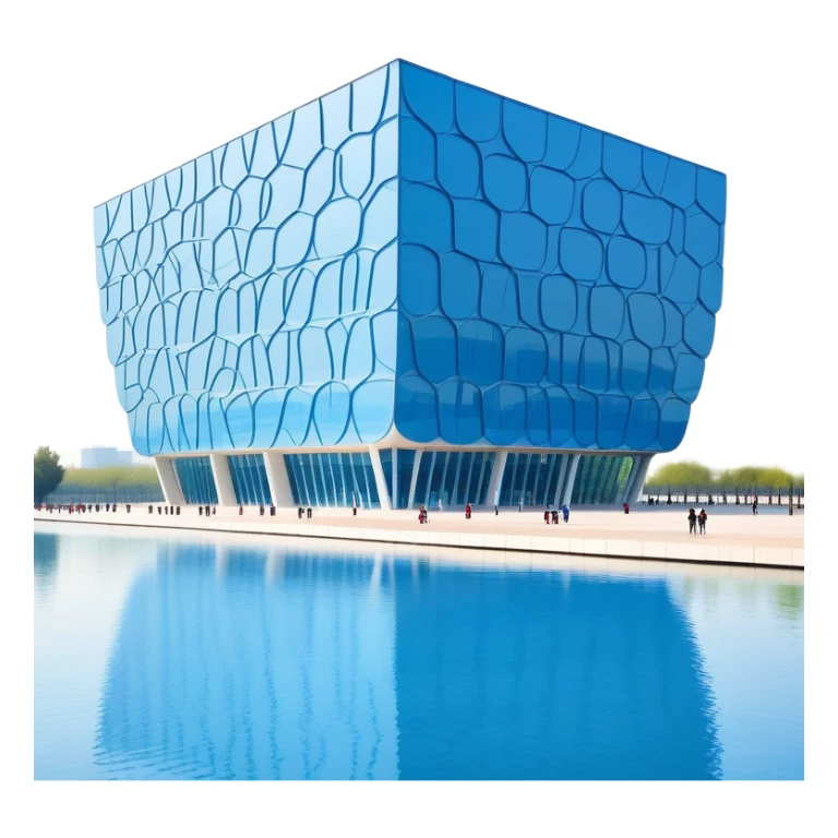 Beijing Water Cube National Aquatics Center blue bubbled building, simplified emoji style with bold outlines and bright colors, cartoon style modern structure sticker