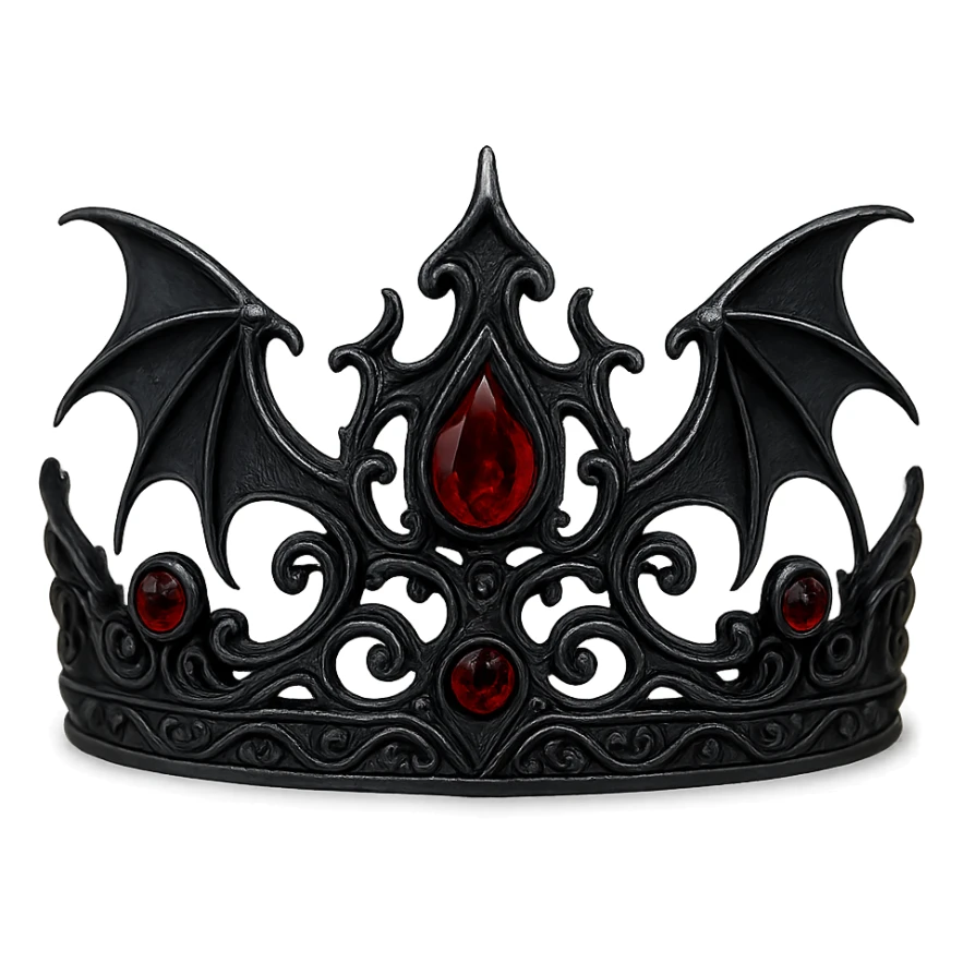 gothic crown in obsidian black with red garnets and bat wing shapes, vampiric and striking sticker