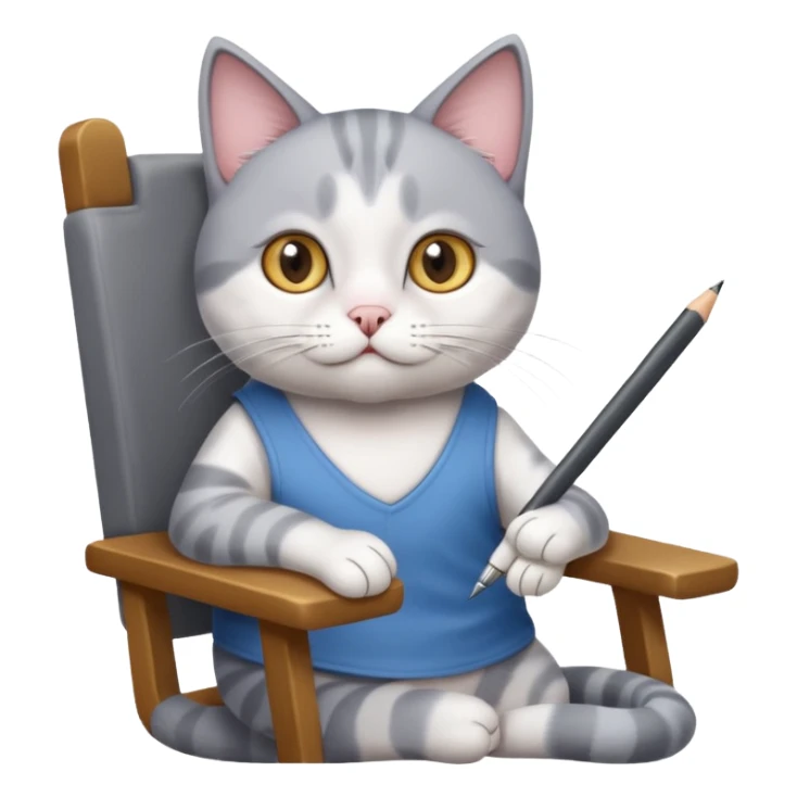 grau weiße Katze sitzt auf einem Sessel mit Stift und Block in der Hand sticker