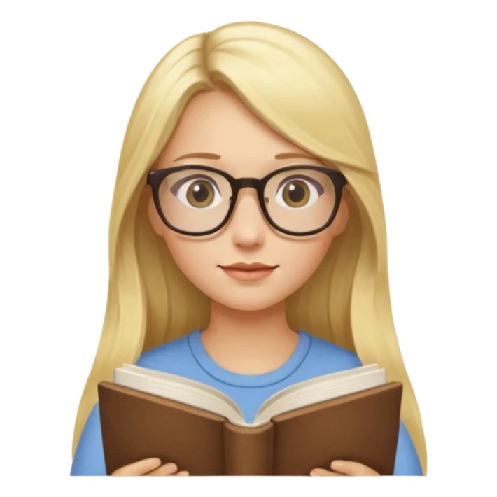 long hair blonde girl with glasses reading sticker