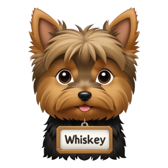 A Yorkie dog with a name tag that says "whiskey" sticker