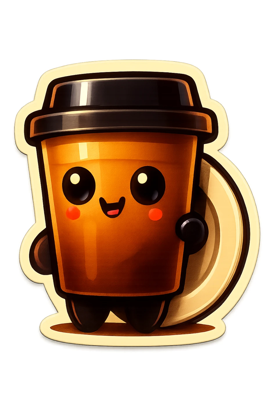 Tall coffee cup, dramatic, hiding, behind plate sticker