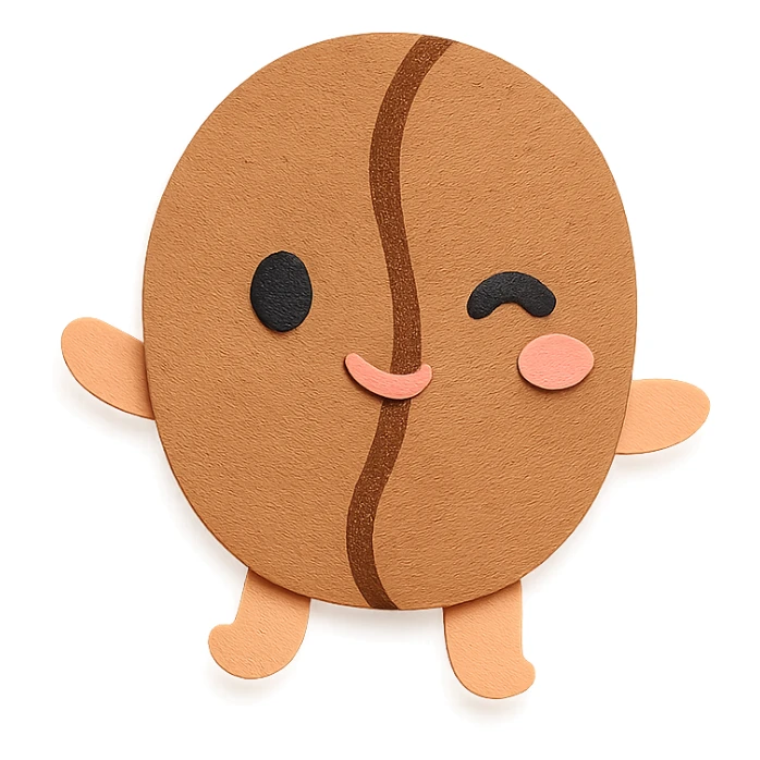chibi coffee bean character, full body, winking, tiny arms, soft pastel colors sticker
