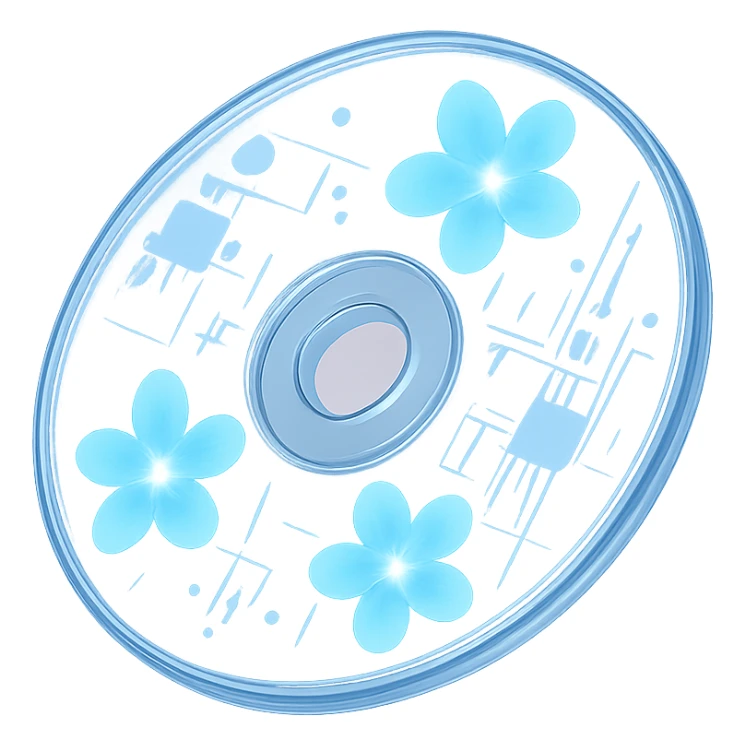 A minimalist CD disc with glowing floral pattern, blue flowers sticker