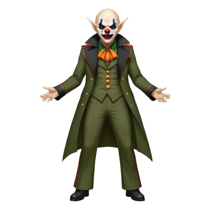 evil clown, bald, small black satan horns on forehead, fangs, pointed ears, eye patch over one eye, long coat over black and military green leisure suit with bellbottom pants, realistically proportioned, less bulky, full body, battle-ready fighting posture sticker