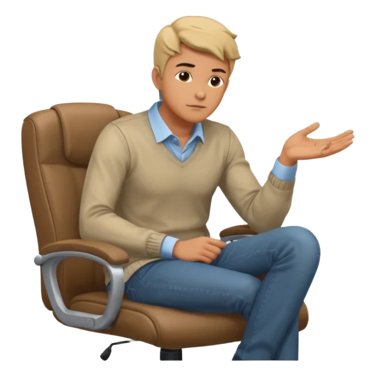 guy imitating thinker statue pose but with casual clothes and sitting in a office chair and looking up sticker