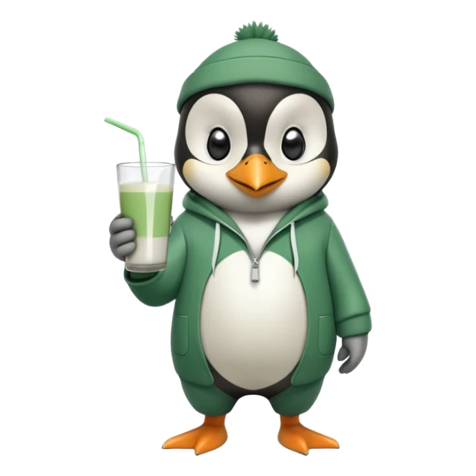 full body portrait of a friendly anthropomorphised penguin wearing a green mafia-style tracksuit, angry, confident scheming stance, holding a glass of milk sticker