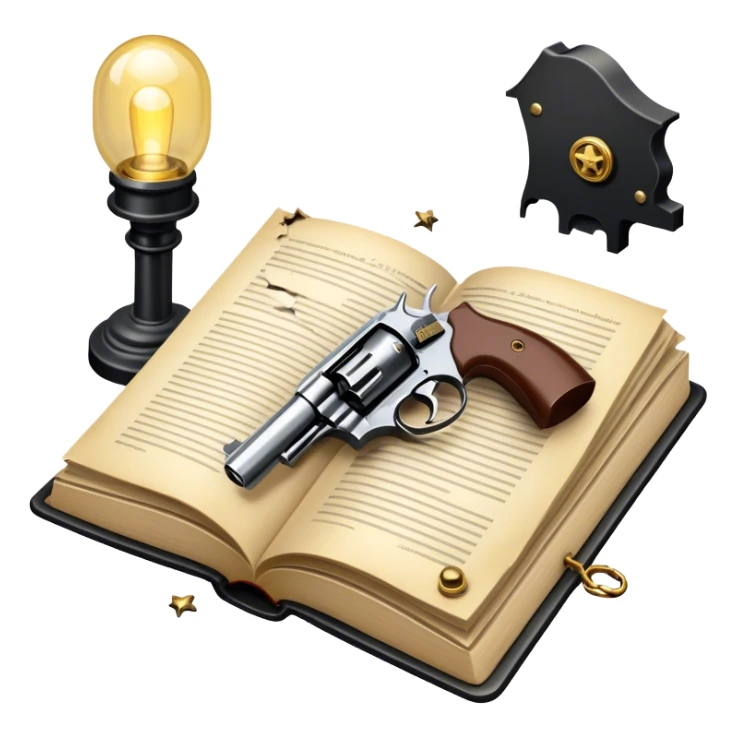 Icon for Action & Crime Reading: an open book with dramatic crime scenes—bullet holes on pages, a detective badge, a revolver and a getaway car. Surrounding elements include a flickering streetlight. Transparent background. sticker