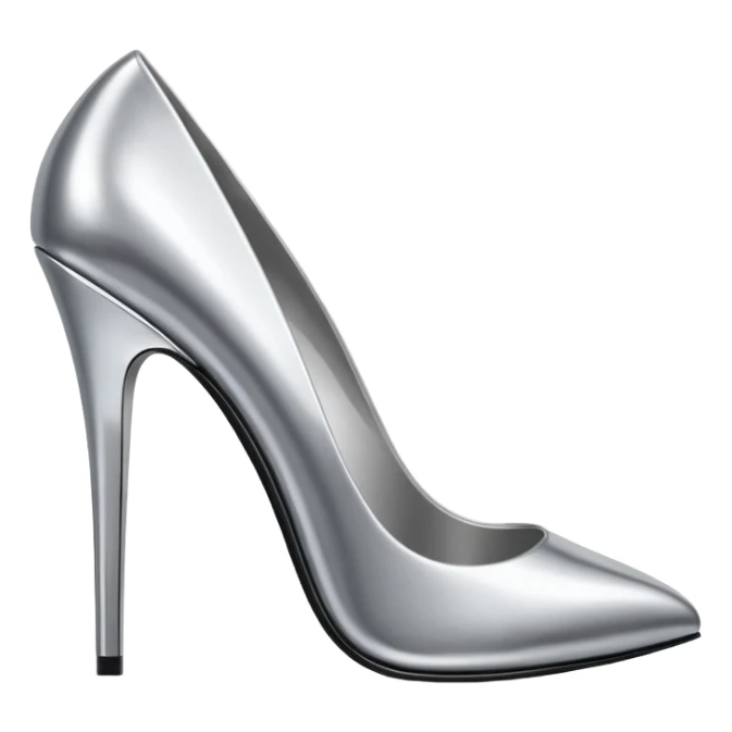 A pair of high heel shoes emoji made of polished silver chrome, elegant sharp silhouette, smooth metallic surface, glossy reflections, luxury sexy vibe, minimalistic iOS emoji style, centered, clean white background sticker