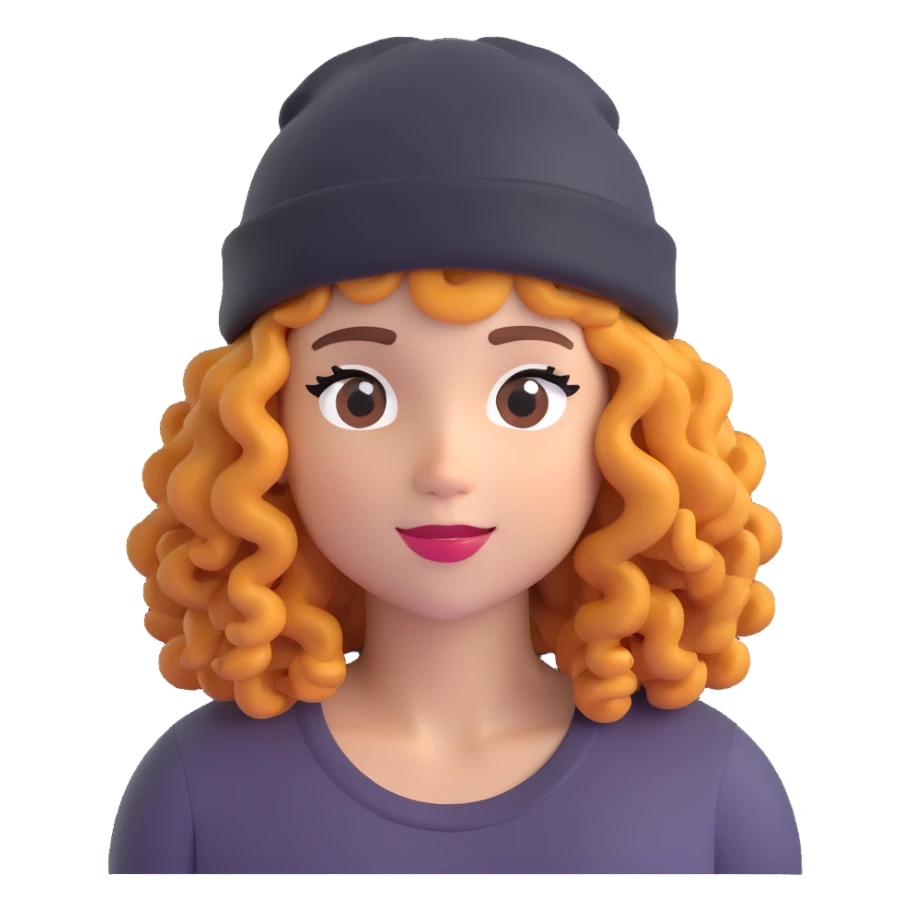woman with curly hair and a beanie sticker