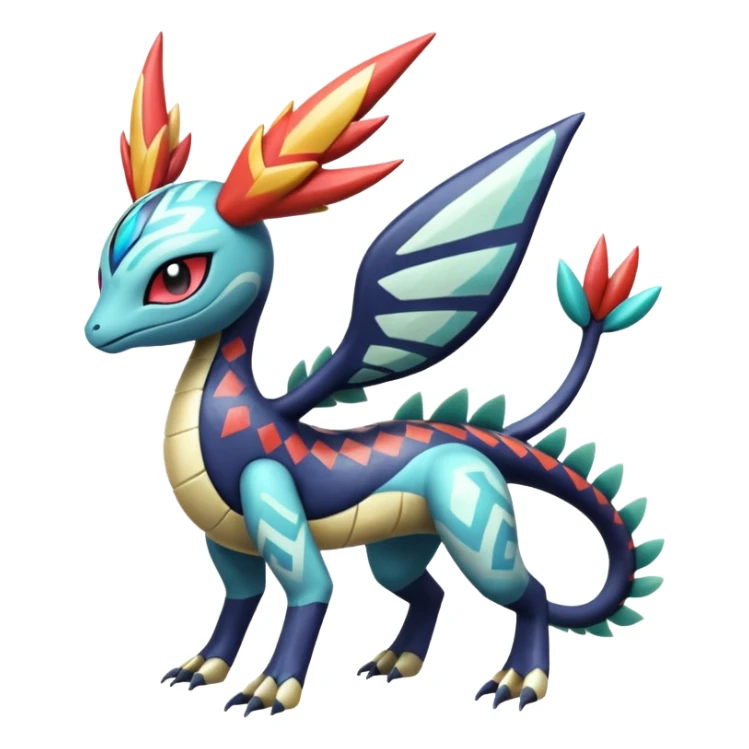 zig-zag-patterned tribal tropical hot spotted Meloetta-Dialga-Salamence-Giratina-Noivern-Pokémon-Fakémon-fusion-hybrid-creature sticker