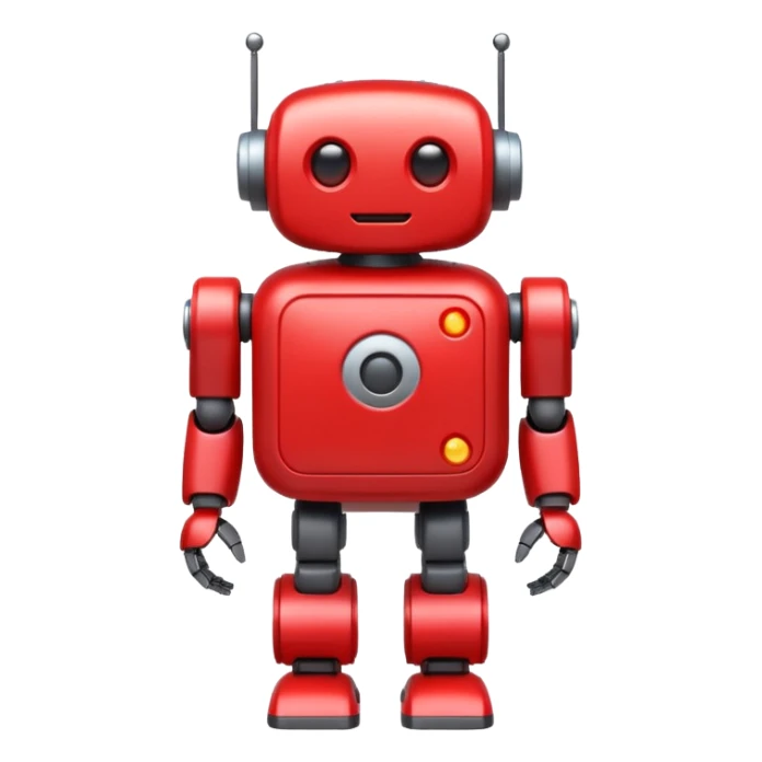 emoji-style red mini robot mascot, large white play button on chest, rounded body, glowing eyes, small arms and legs, friendly and helpful, flat design sticker