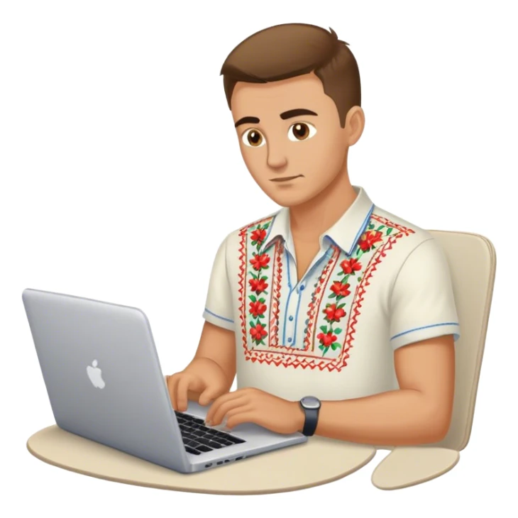 A Ukrainian guy in an embroidered shirt works at his laptop sticker