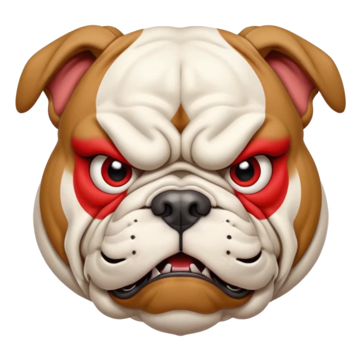 Create a fierce bulldog head emoji facing forward.
Strong jaw, deep wrinkles, and an intense scowl.
Small folded ears, sharp focused eyes, slight underbite with two visible fangs.
Style: modern esport mascot — clean lines, high contrast, intimidating but iconic.
Transparent background. sticker